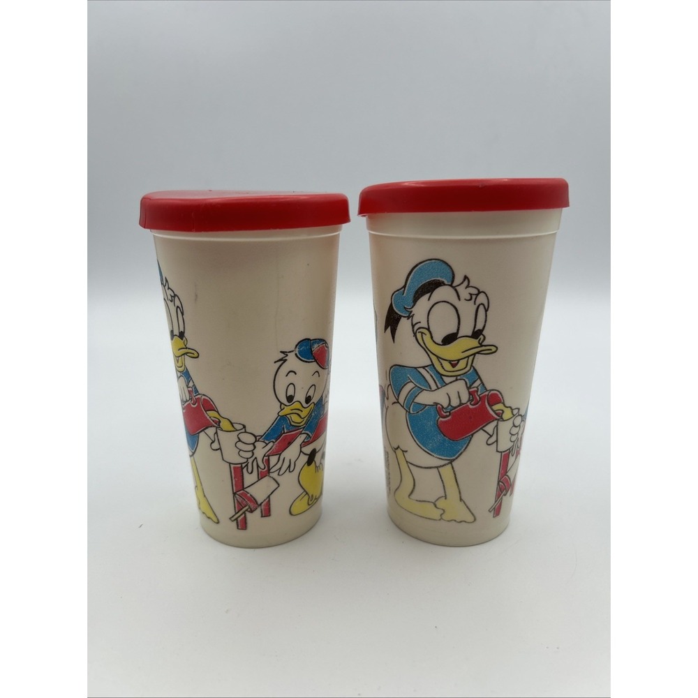 Vtg Walt Disney Donald Duck Huey Dewey Louie Pluto Plastic Cups Set 2 Lids Eagle